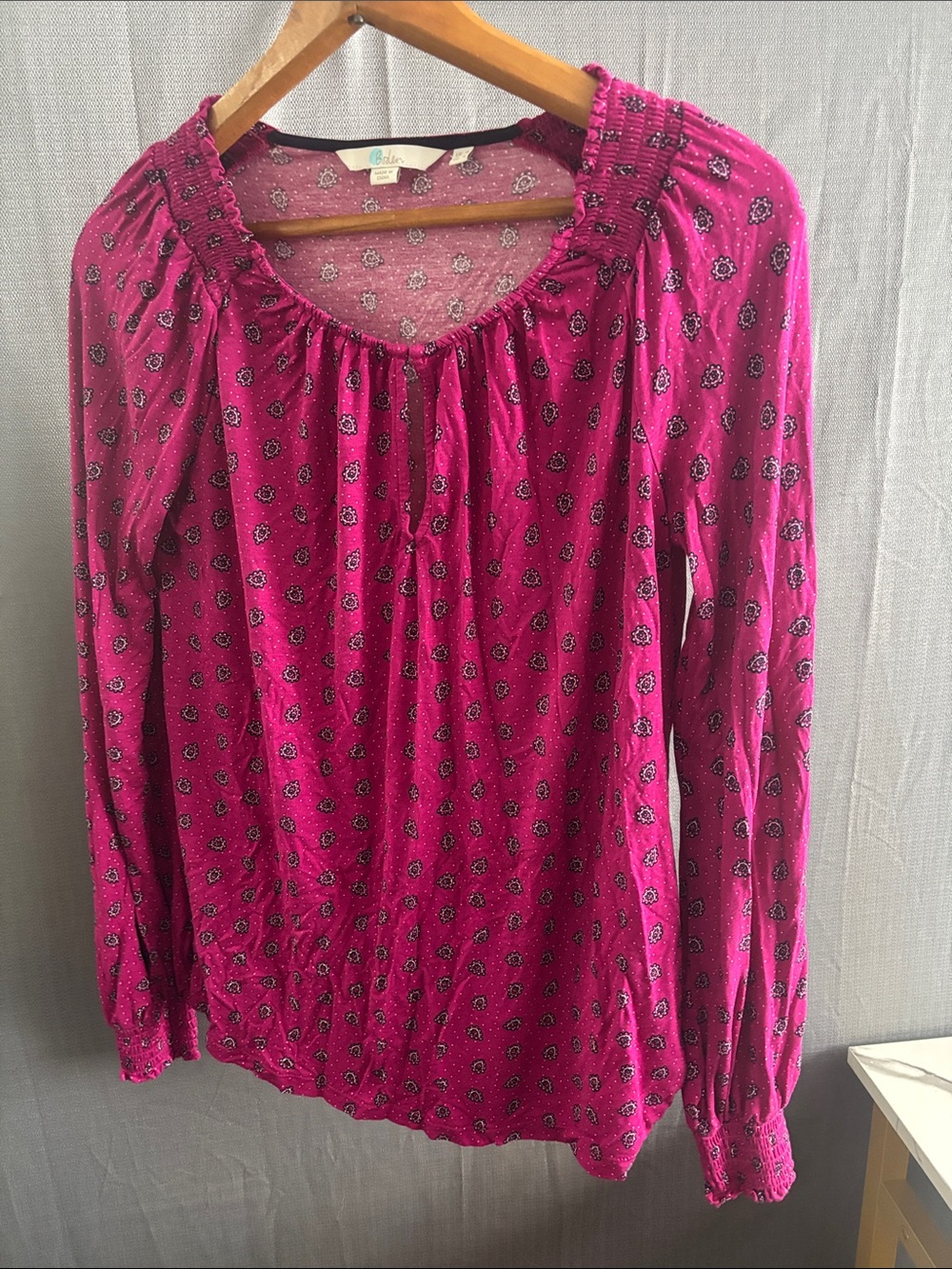 Boden Fuchsia Floral Long-Sleeve Peasant Blouse